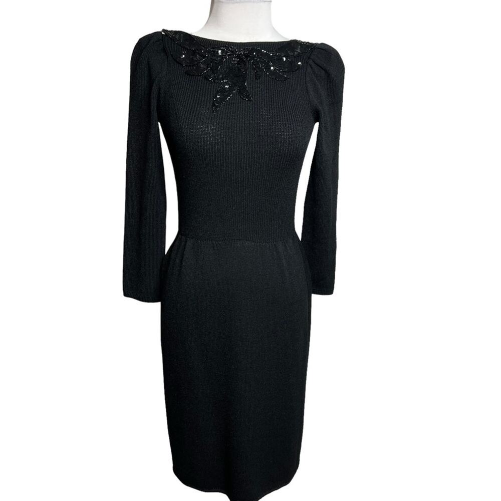 Vintage St. John black dress floral sequin neckline Santana knit